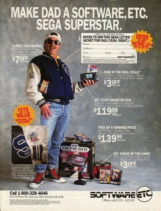 Publicité américaine SEGA pour la fête des Pères, 1992. Si ce pack représentait à l'époque le fantasme absolu du joueur, il ne constitue même plus le 'minimum vital' pour le collectionneur d'aujourd'hui.